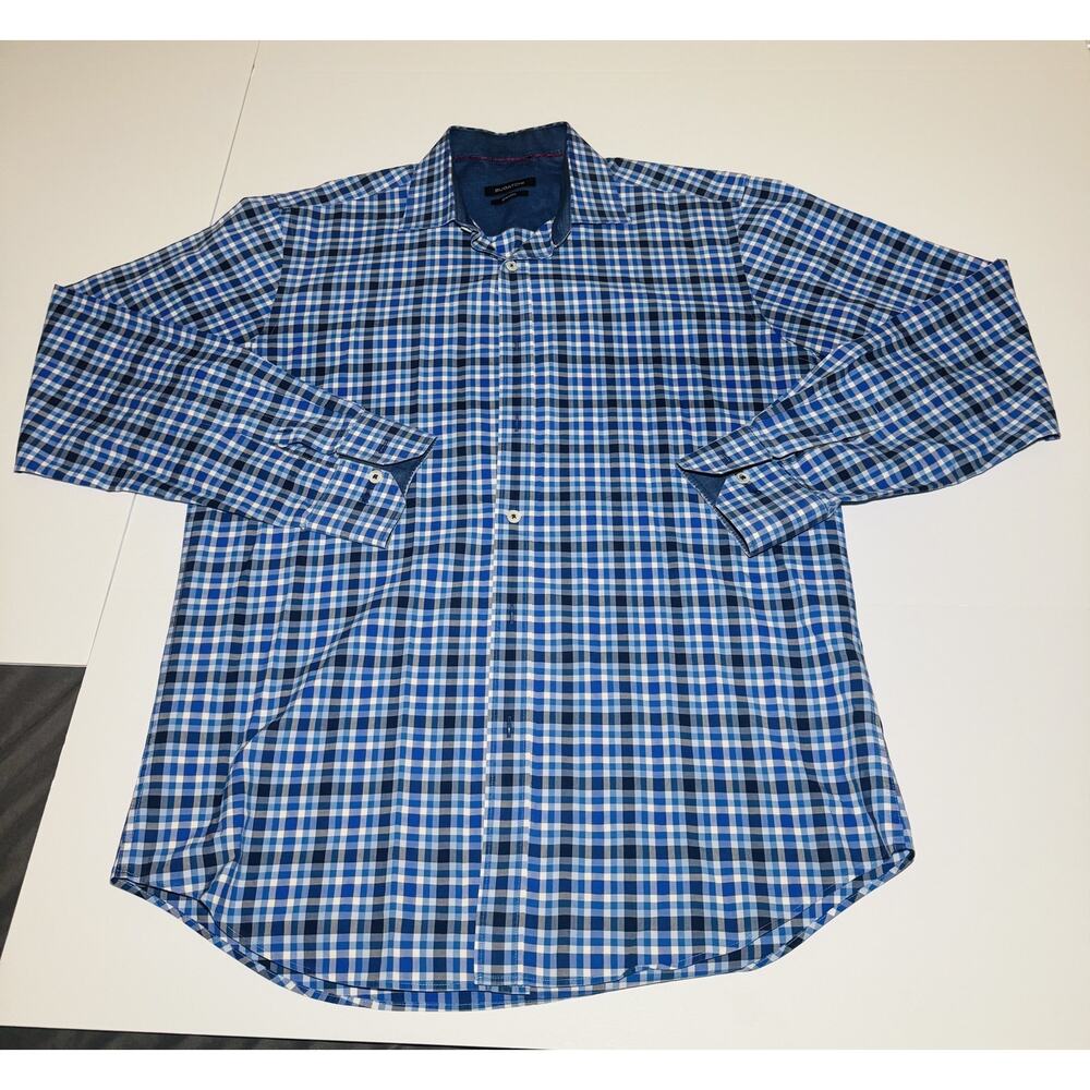 Bugatchi Shirt Men's Large Blue Gingham Shaped Fit Long Sleeve Button Up